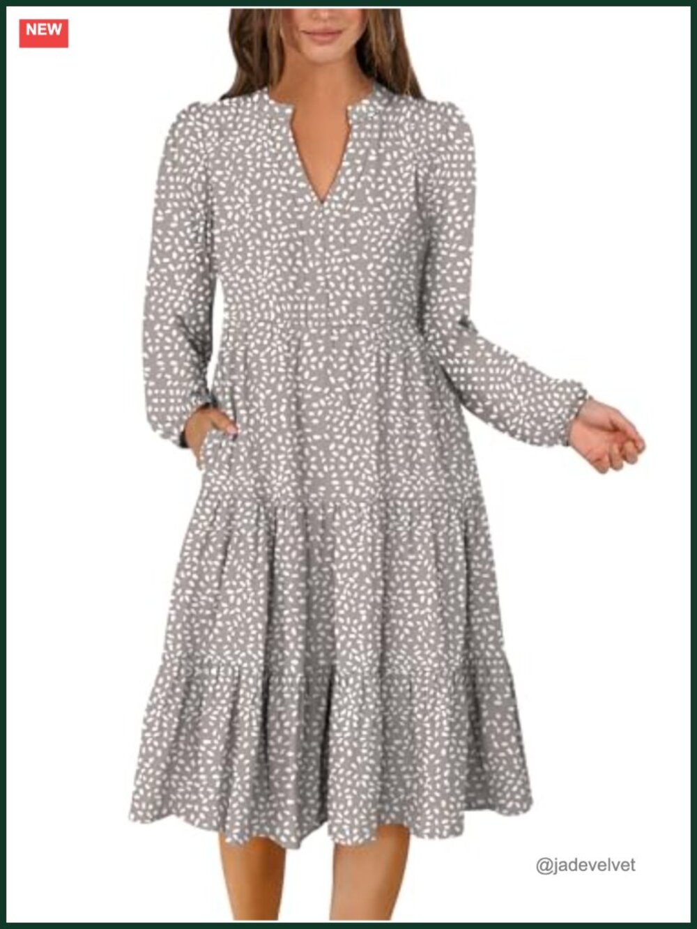Flowy V Neck Long Sleeve Midi Dress with Pockets Boho Swing A-Line